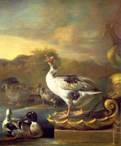 Een Gans en ander Wild Gevogelte bij een Fontein door Willem Frederik van Royen
